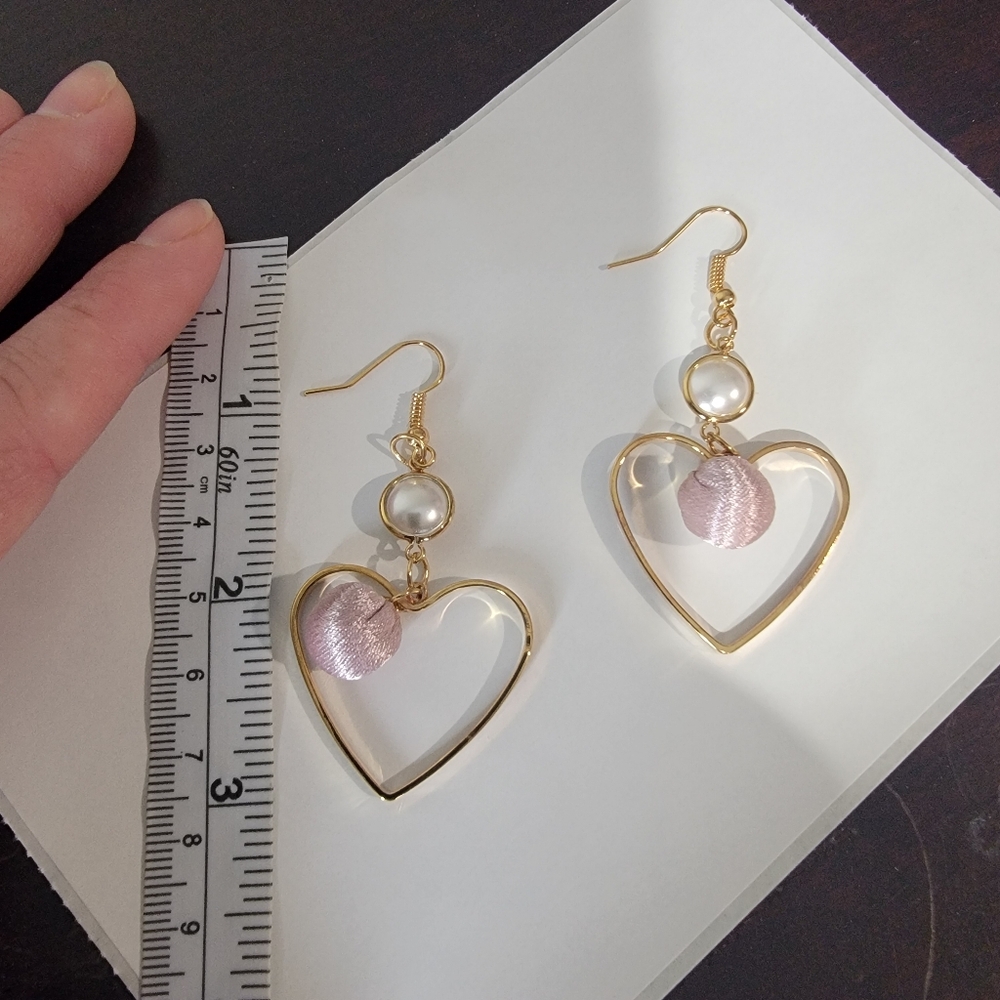 Gold Heart Earrings with Pearl and Pink Accents - Picture 5 of 6